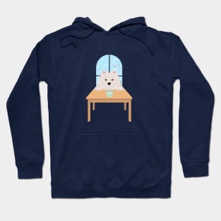 White Samoyed Dog with Winter Window and Hot Chocolate on Table Hoodie